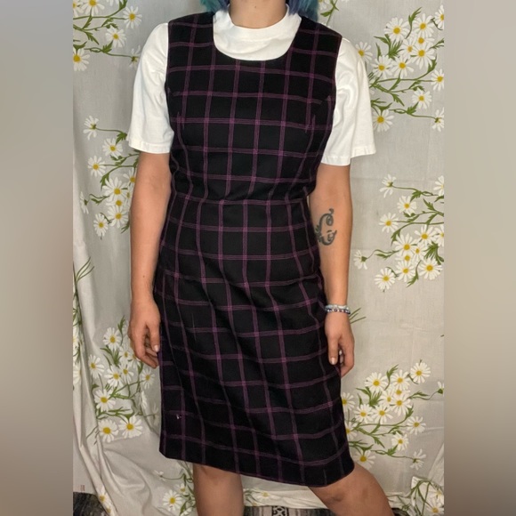 90s vintage deadstock black purple plaid wool sleeveless sheath style midi dress - Picture 2 of 8